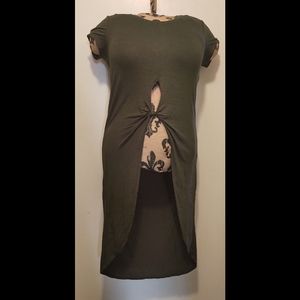 Story on green high/low shirt